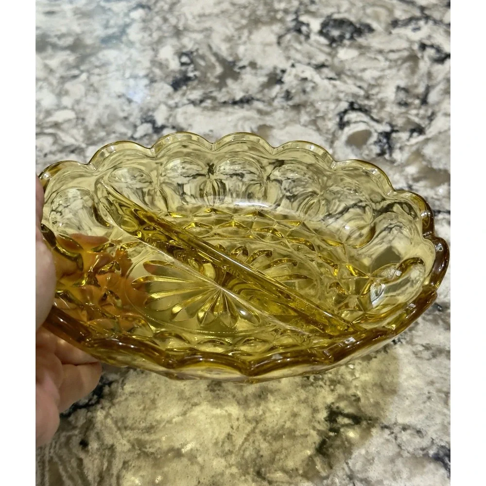 Vintage Clear Oval Amber Glass Divided Dish Candy 7x5